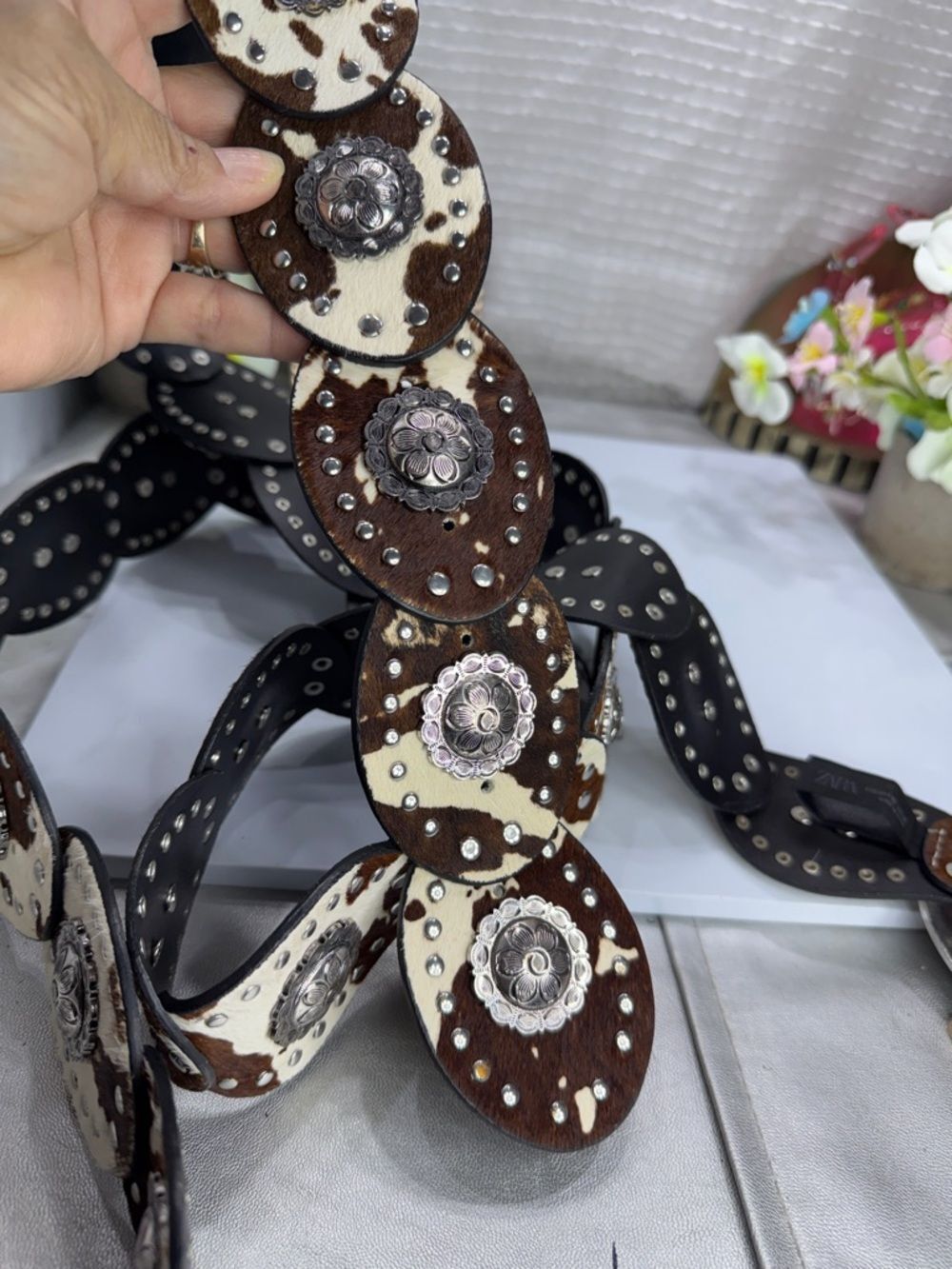 (H) Zara cow-print leather belt, size 32(1)-34(1) (shell style) New without tags - Picture 9 of 13